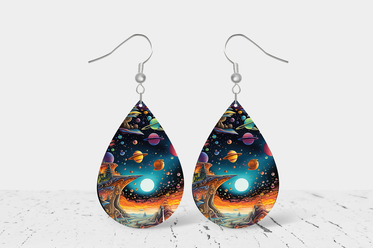 Alien Galaxy Print Earrings Print Tear Drop Wood Dangle Earrings Hypoallergenic Jewelry