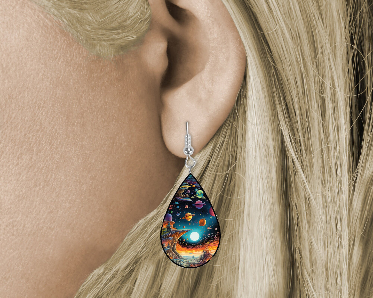 Alien Galaxy Print Earrings Print Tear Drop Wood Dangle Earrings Hypoallergenic Jewelry