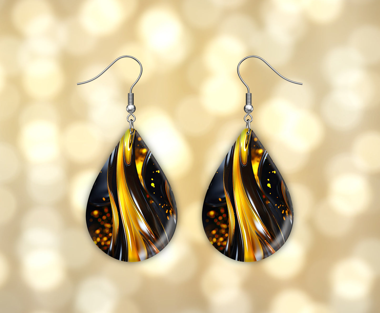 Amber and Black Print Earrings Print Tear Drop Wood Dangle Earrings Hypoallergenic Jewelry