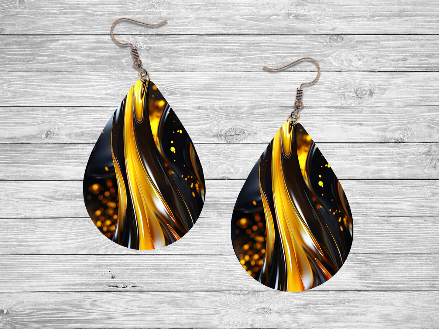 Amber and Black Print Earrings Print Tear Drop Wood Dangle Earrings Hypoallergenic Jewelry