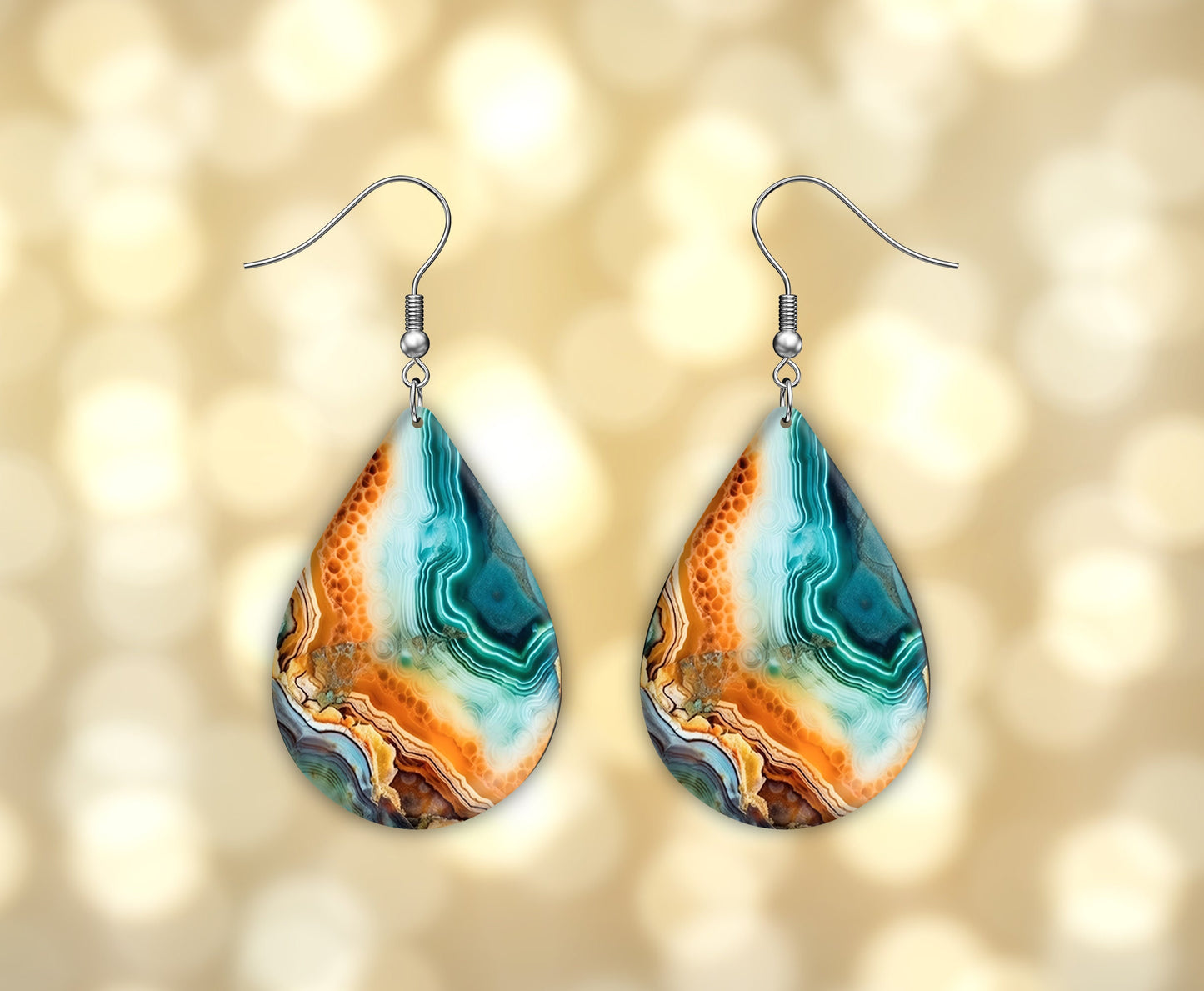 Agate Wave Earrings, Teardrop Dangle Printed Earrings Jewelry Handmade