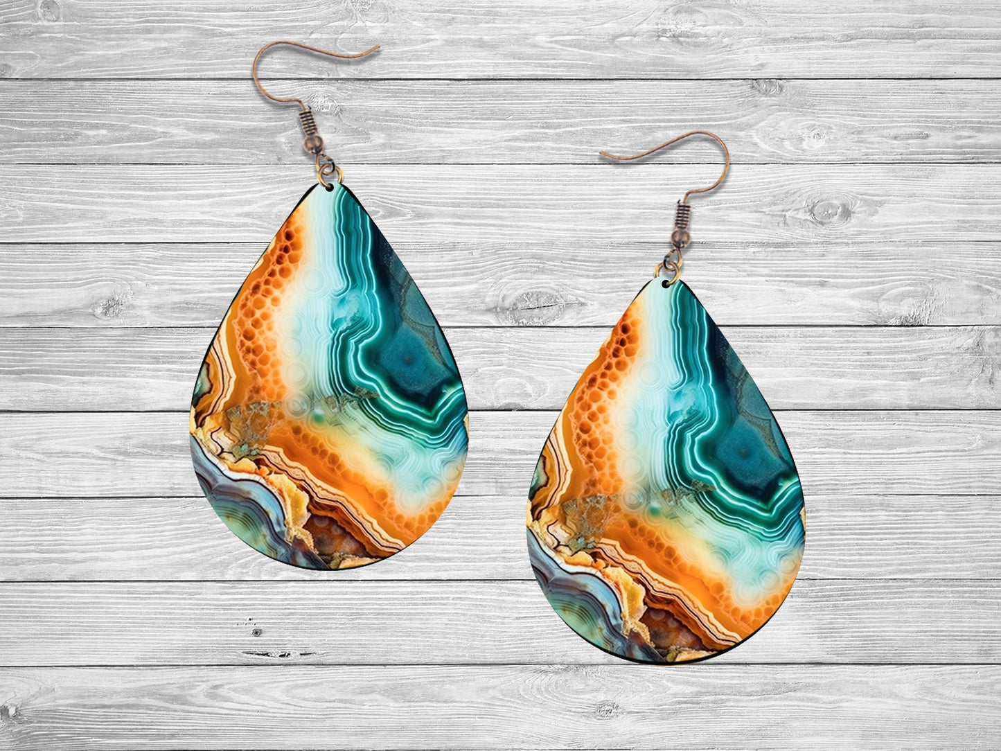 Agate Wave Earrings, Teardrop Dangle Printed Earrings Jewelry Handmade