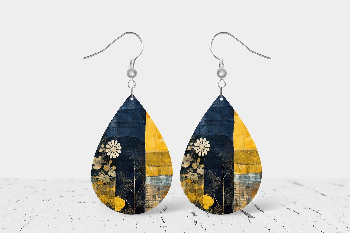 Navy and Mustard Patchwork Earrings, Teardrop Dangle Printed Earrings Jewelry Handmade