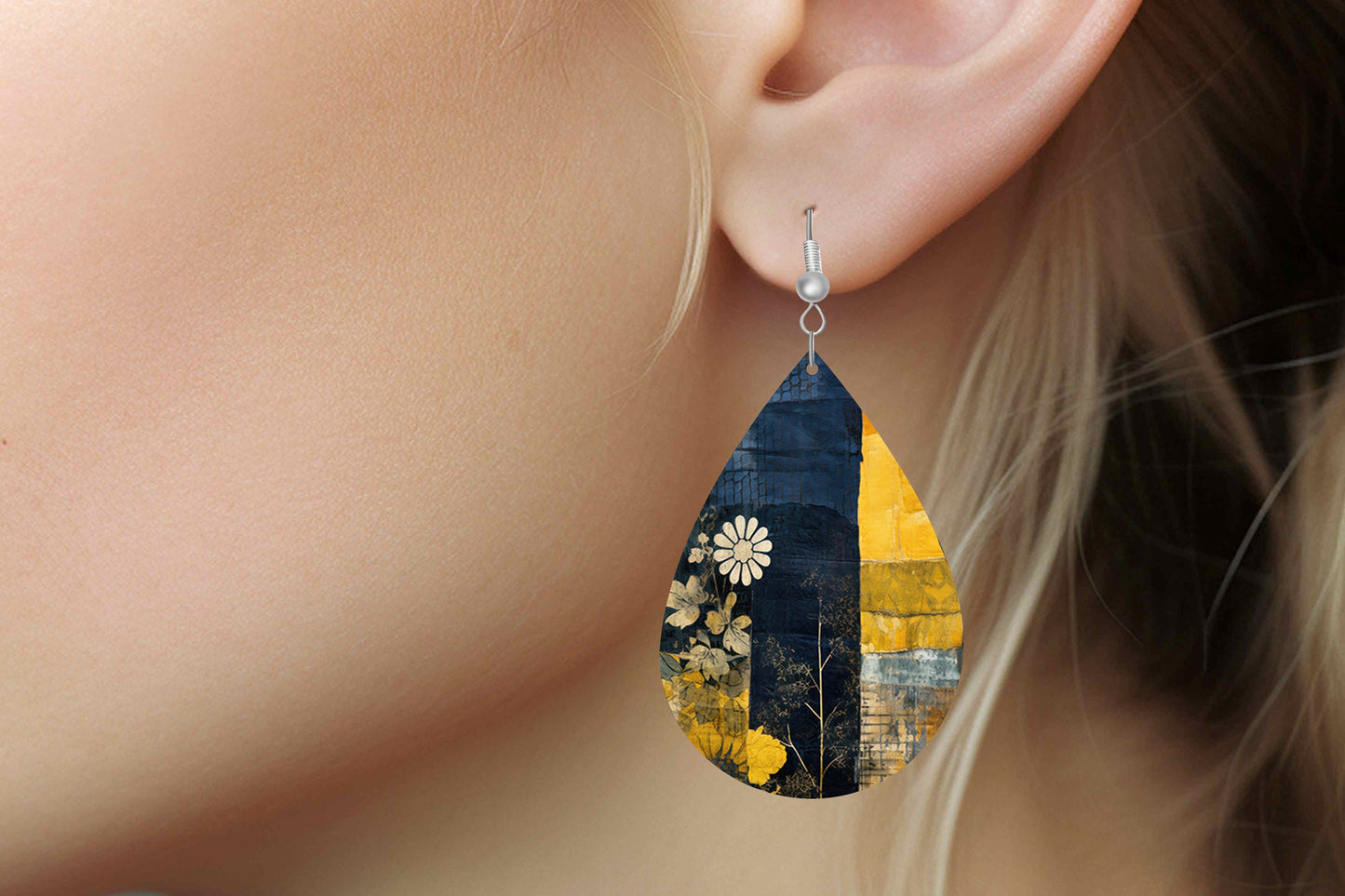 Navy and Mustard Patchwork Earrings, Teardrop Dangle Printed Earrings Jewelry Handmade