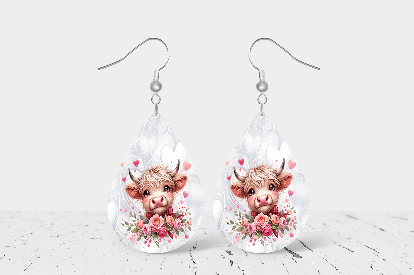 Pink Floral Highland Cow Valentine's Day Earrings, Teardrop Dangle Printed Earrings Jewelry Handmade