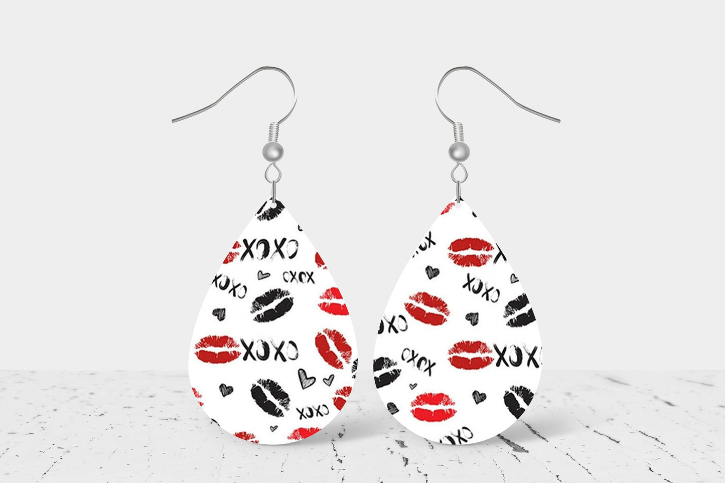 XOXO Lips Earrings Print Tear Drop Wood Dangle Earrings Hypoallergenic Jewelry, Valentine's Day