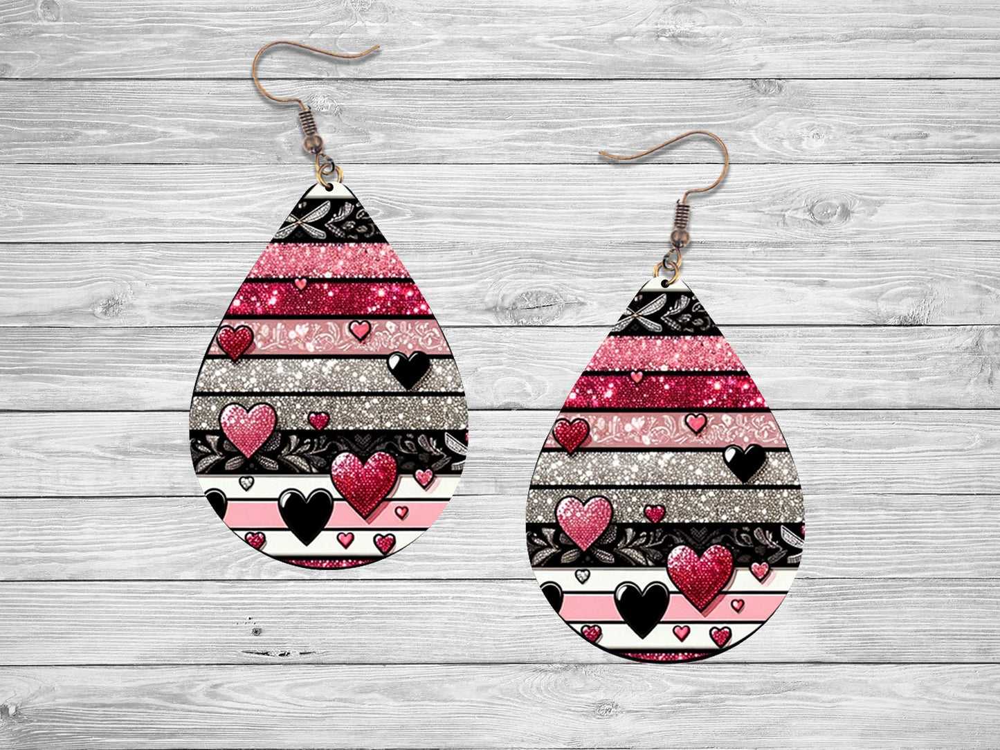 Pink Silver Black Hearts Earrings Print Tear Drop Wood Dangle Earrings Hypoallergenic Jewelry, Valentine's Day