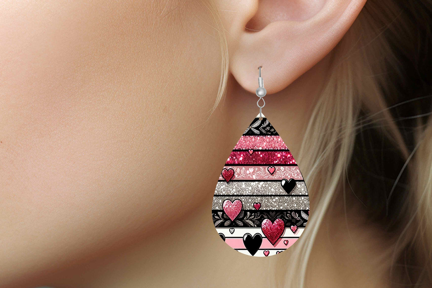 Pink Silver Black Hearts Earrings Print Tear Drop Wood Dangle Earrings Hypoallergenic Jewelry, Valentine's Day