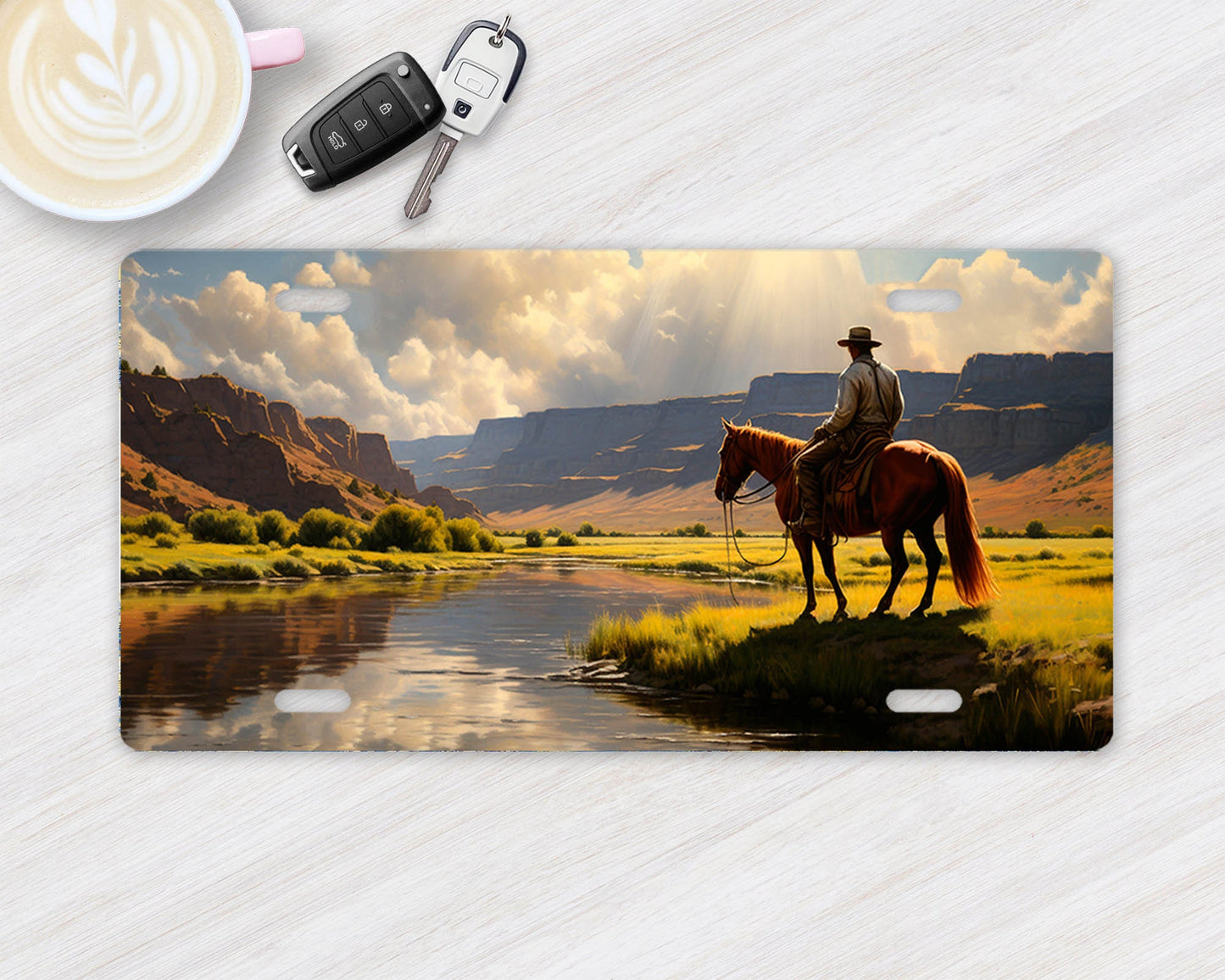 License Plate, Cowboys at River Printed Aluminum Front License Plate, Car Accessory, Vanity Plate, Cute Car Tag