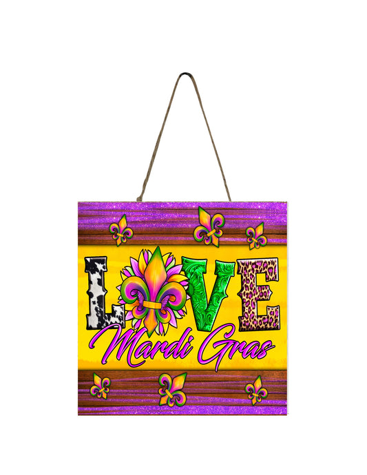 New Release, Love Mardi Gras Hanging Wall Sign Wood Home Decor, Door Hanger, Wreath Sign