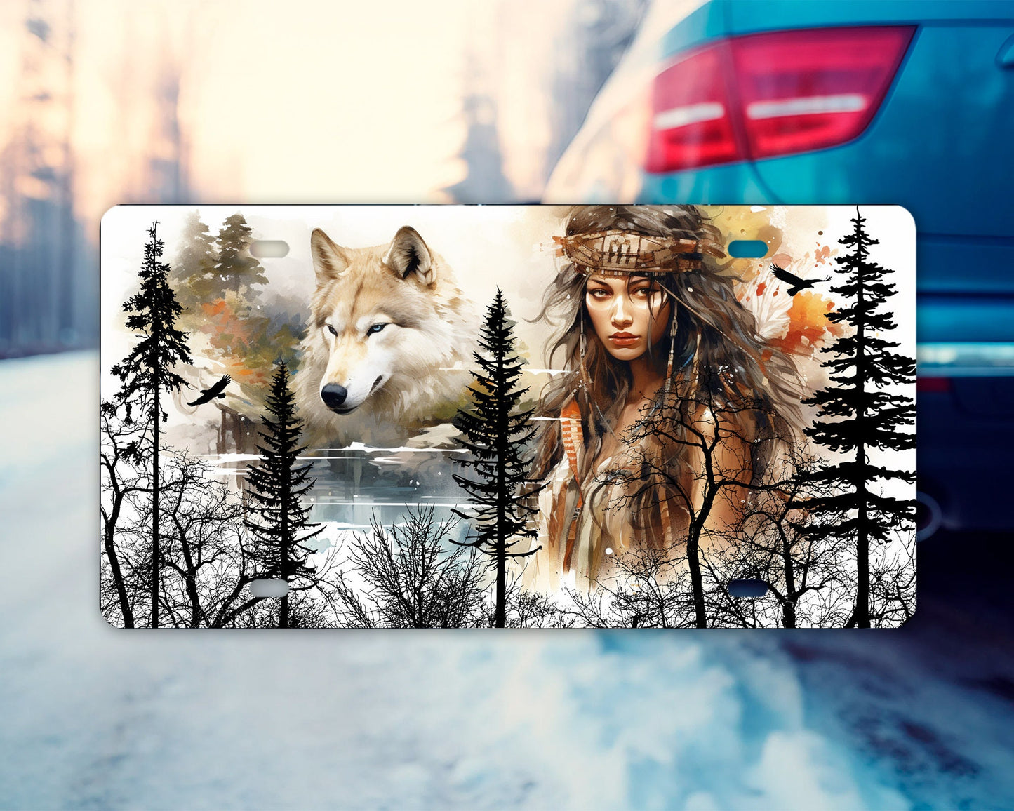 Vanity Front License Plate Indigenous Girl & White Wolf Aluminum Vanity License Plate Car Accessory Decorative Front Plate