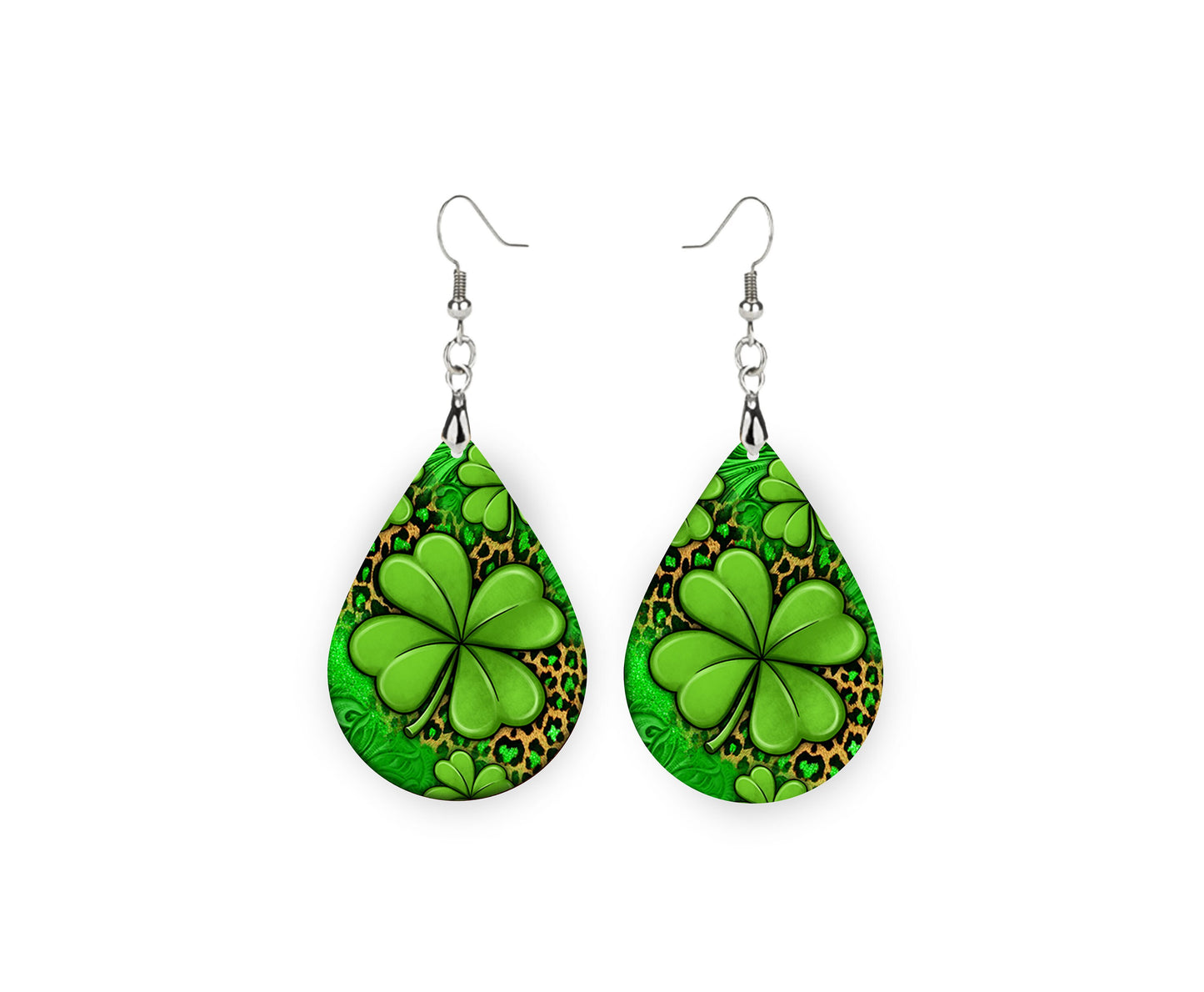 4 Leaf Clover Earrings Print Tear Drop Wood Dangle Earrings Hypoallergenic Jewelry