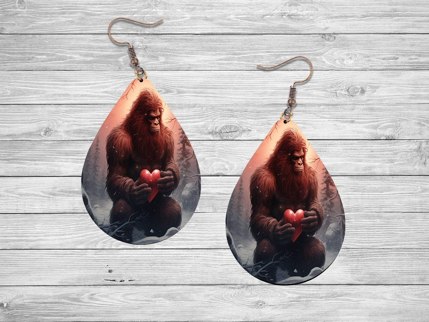 Bigfoot is my Valentine Earrings Print Tear Drop Wood Dangle Earrings Hypoallergenic Jewelry