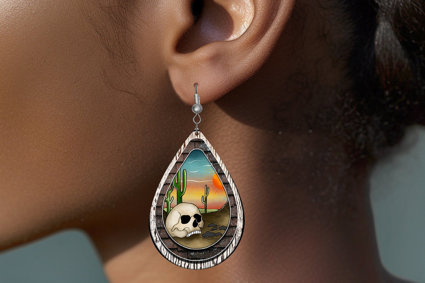 Desert Skull Earrings Print Tear Drop Wood Dangle Earrings Hypoallergenic Jewelry