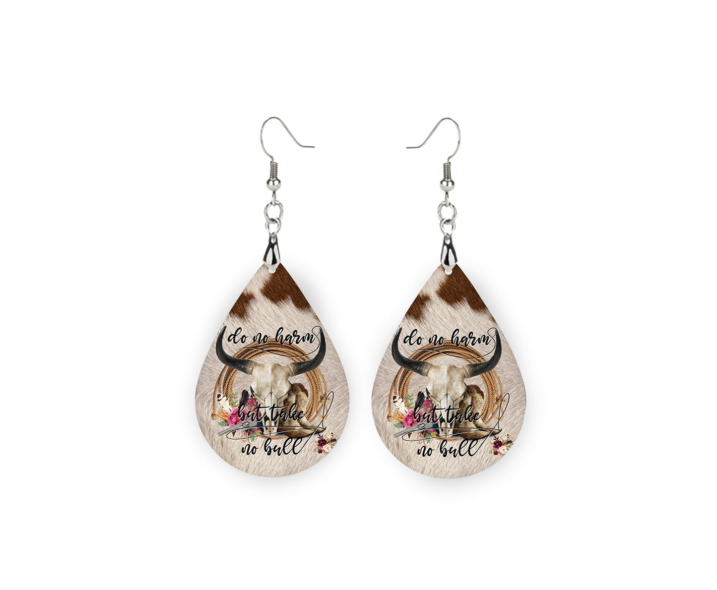 Do No Harm but Take No Bull Earrings Print Tear Drop Wood Dangle Earrings Hypoallergenic Jewelry