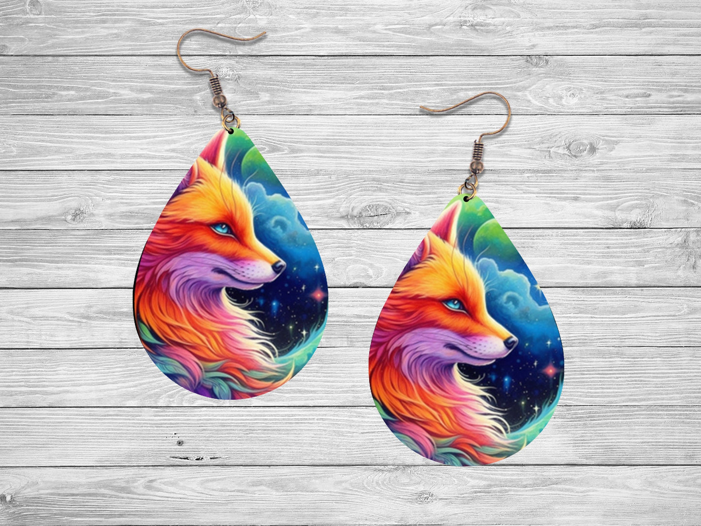 Fox in Clouds Earrings Print Teardrop Wood Dangle Earrings Hypoallergenic Jewelry