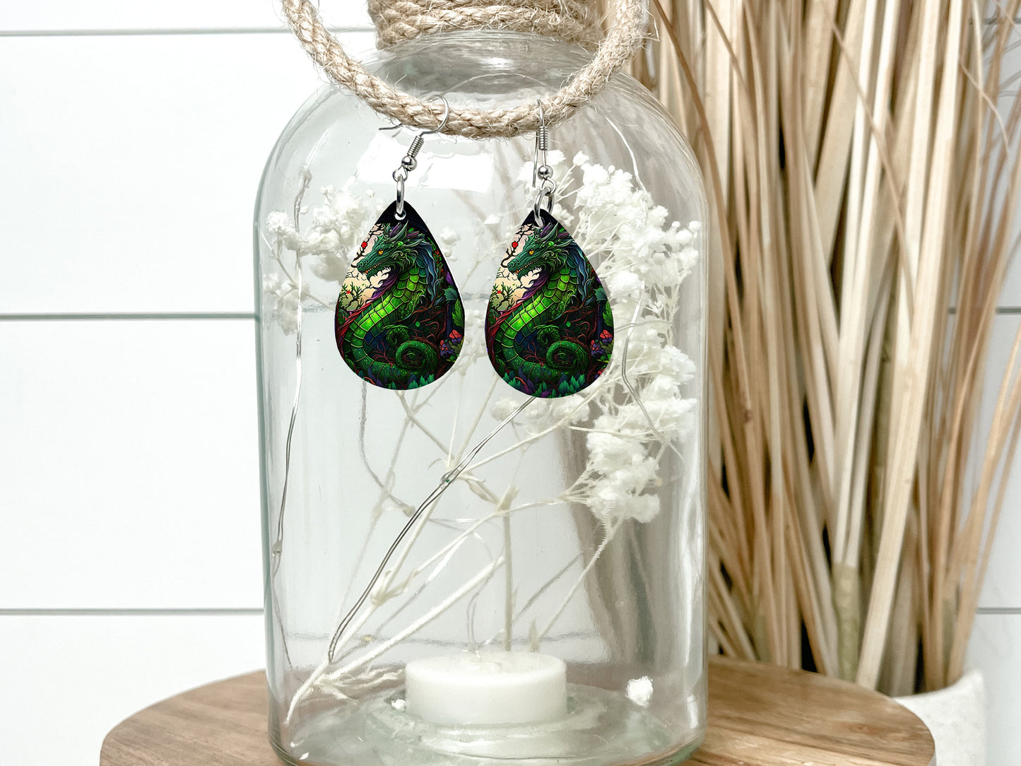 Green Dragon Earrings Print Tear Drop Wood Dangle Earrings Hypoallergenic Jewelry