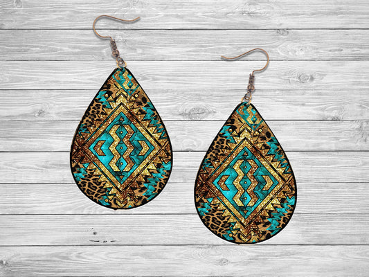 Aztec Medallion Earrings, Teardrop Dangle Printed Earrings Jewelry Handmade