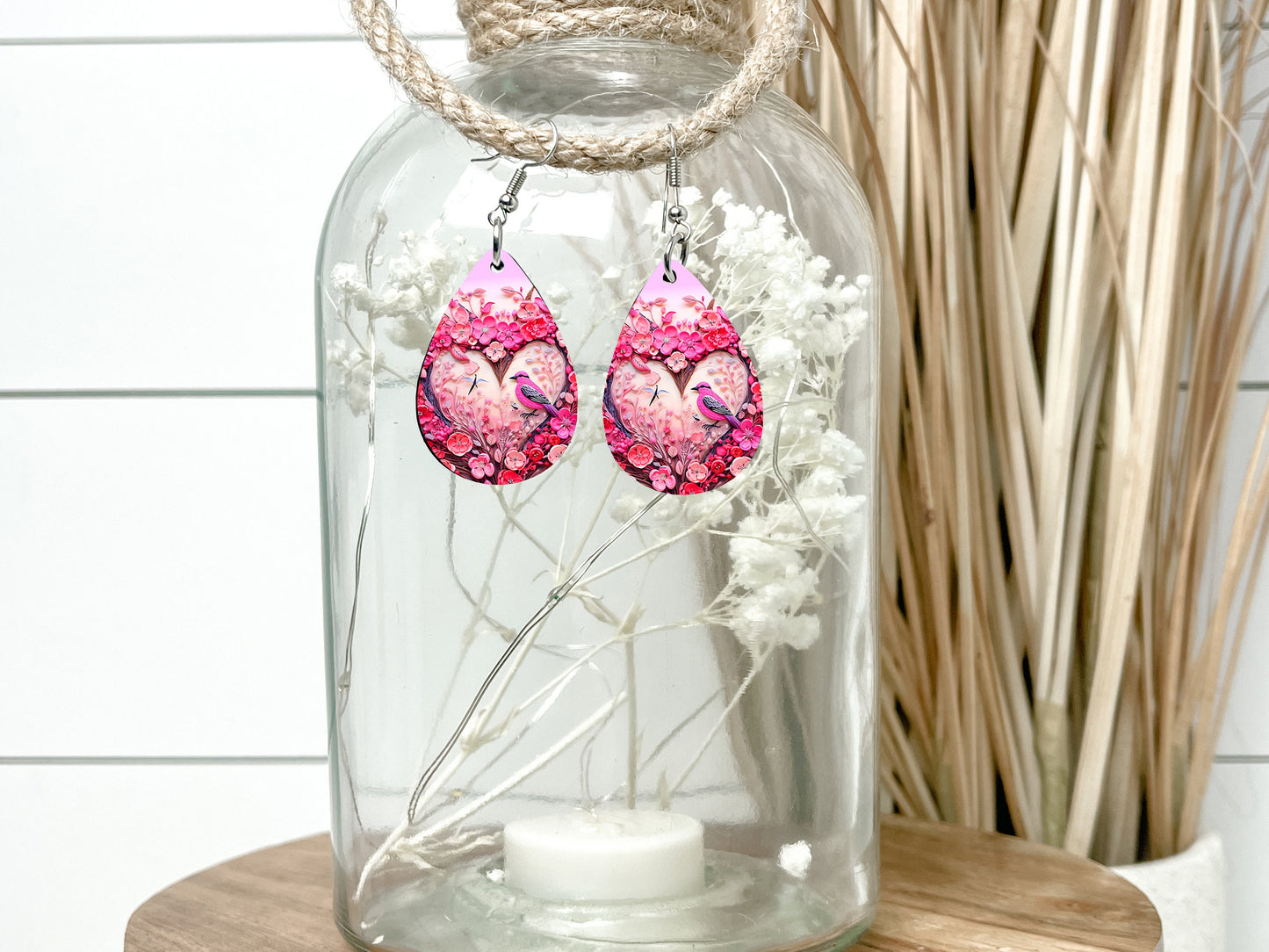 Bird in Heart Valentine's Day Earrings, Teardrop Dangle Printed Earrings Jewelry Handmade