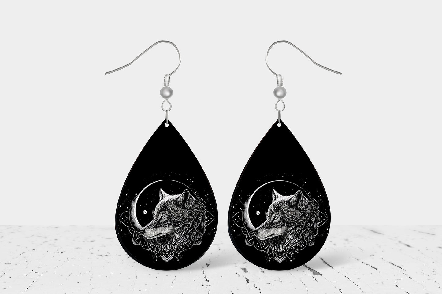 Celtic Wolf Earrings, Teardrop Dangle Printed Earrings Jewelry Handmade