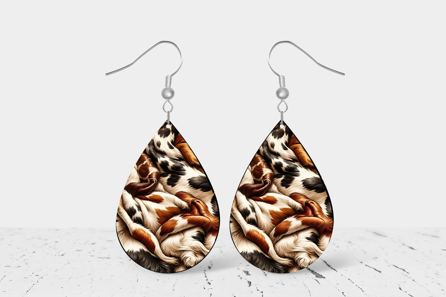 Cowhide Western Earrings, Teardrop Dangle Printed Earrings Jewelry Handmade