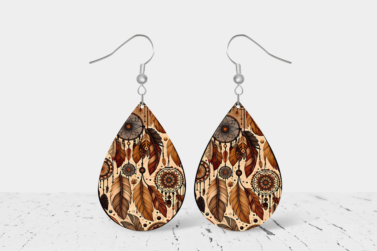 Dream Catchers and Feathers Western Earrings, Teardrop Dangle Printed Earrings Jewelry Handmade