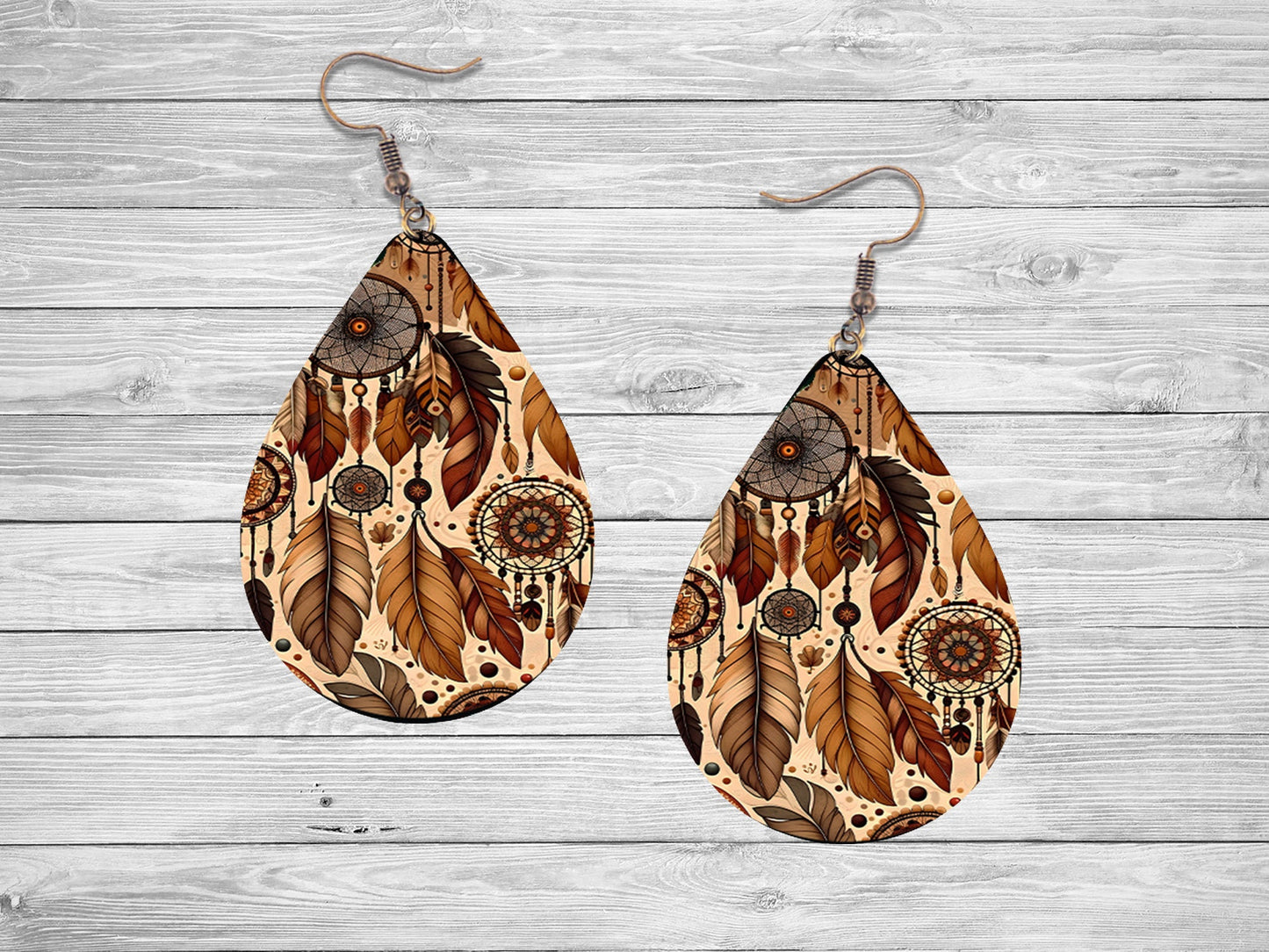 Dream Catchers and Feathers Western Earrings, Teardrop Dangle Printed Earrings Jewelry Handmade