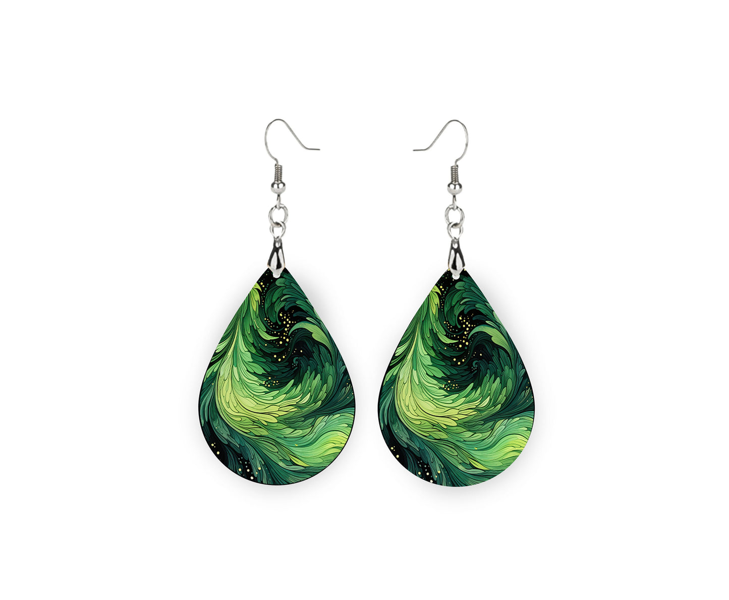 Green Swirl Earrings, Teardrop Dangle Printed Earrings Jewelry Handmade