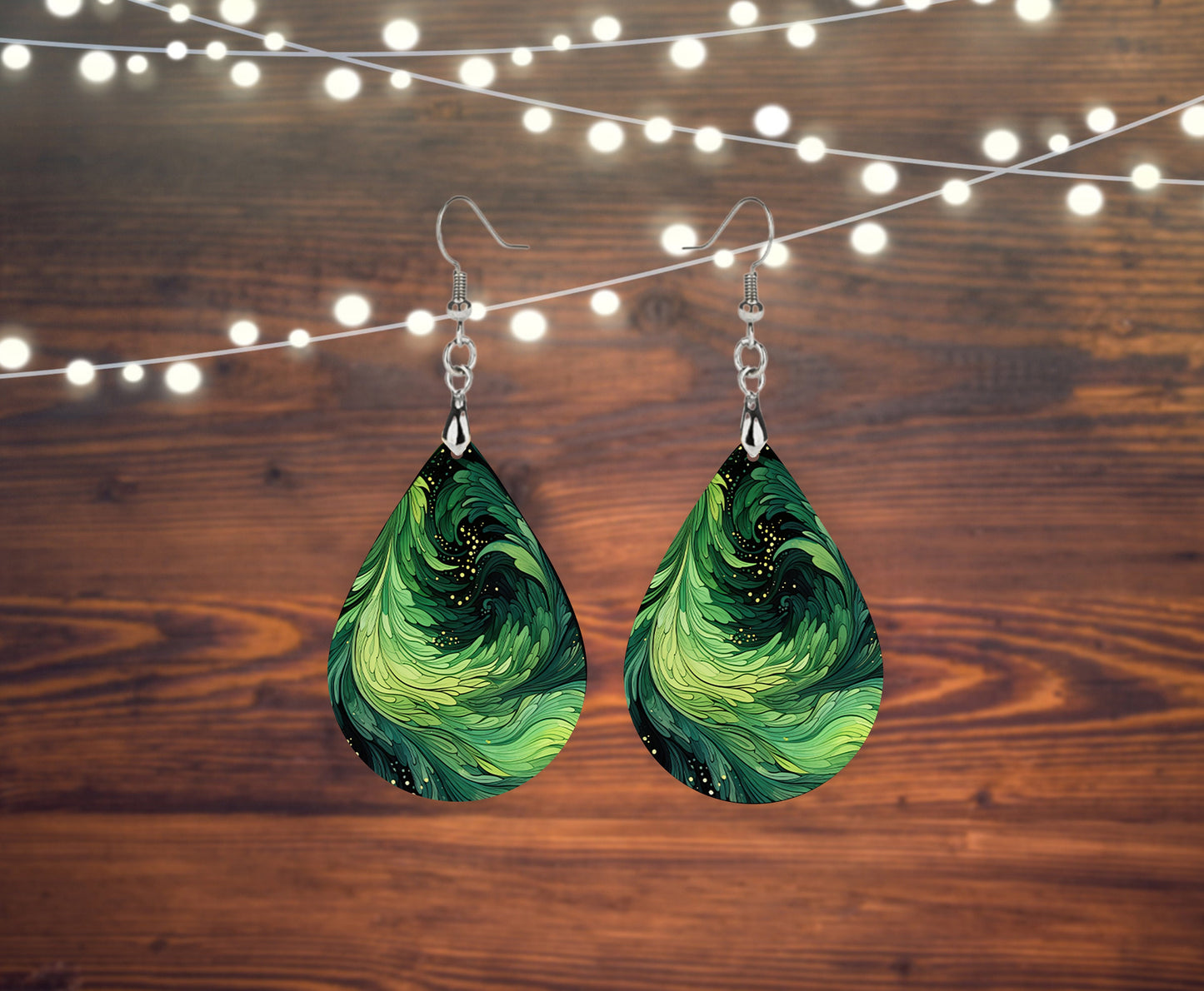 Green Swirl Earrings, Teardrop Dangle Printed Earrings Jewelry Handmade