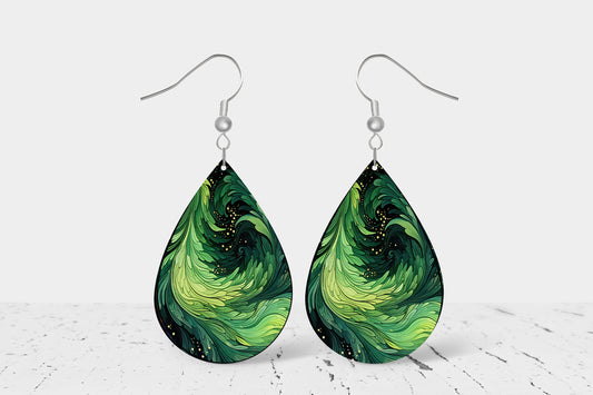 Green Swirl Earrings, Teardrop Dangle Printed Earrings Jewelry Handmade