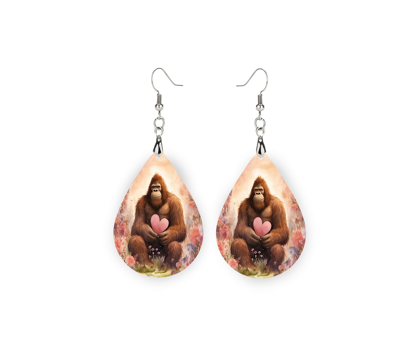 Happy Valentine's Day Bigfoot Earrings, Teardrop Dangle Printed Earrings Jewelry Handmade