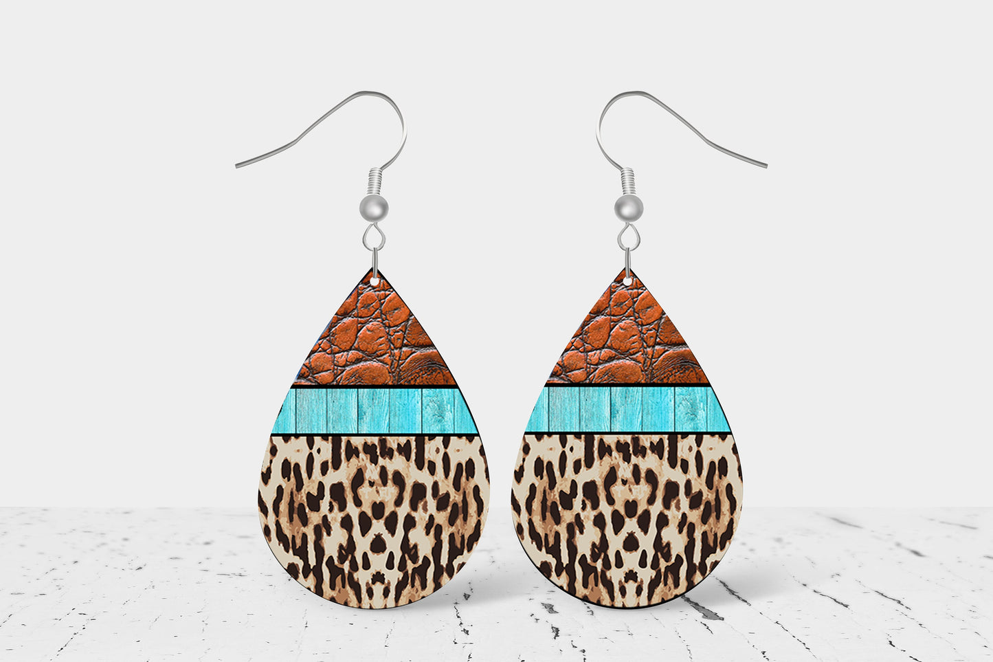 Leather and Leopard Print Western Earrings, Teardrop Dangle Printed Earrings Jewelry Handmade