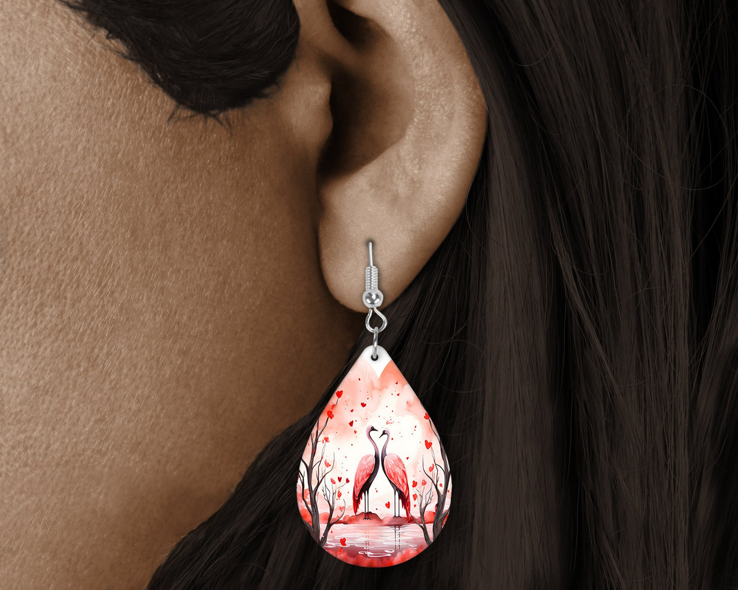 Love Birds Valentine's Day Earrings, Teardrop Dangle Printed Earrings Jewelry Handmade