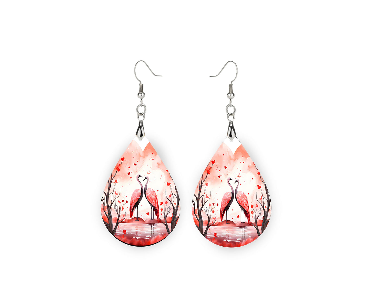 Love Birds Valentine's Day Earrings, Teardrop Dangle Printed Earrings Jewelry Handmade