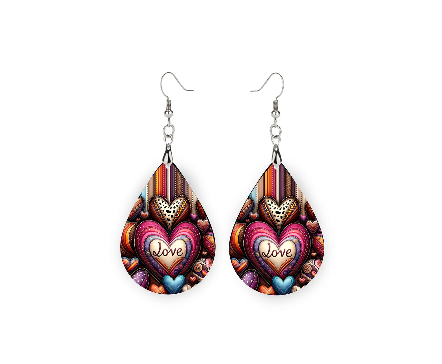 Love Quilted Heart Valentine's Day Earrings, Teardrop Dangle Printed Earrings Jewelry Handmade