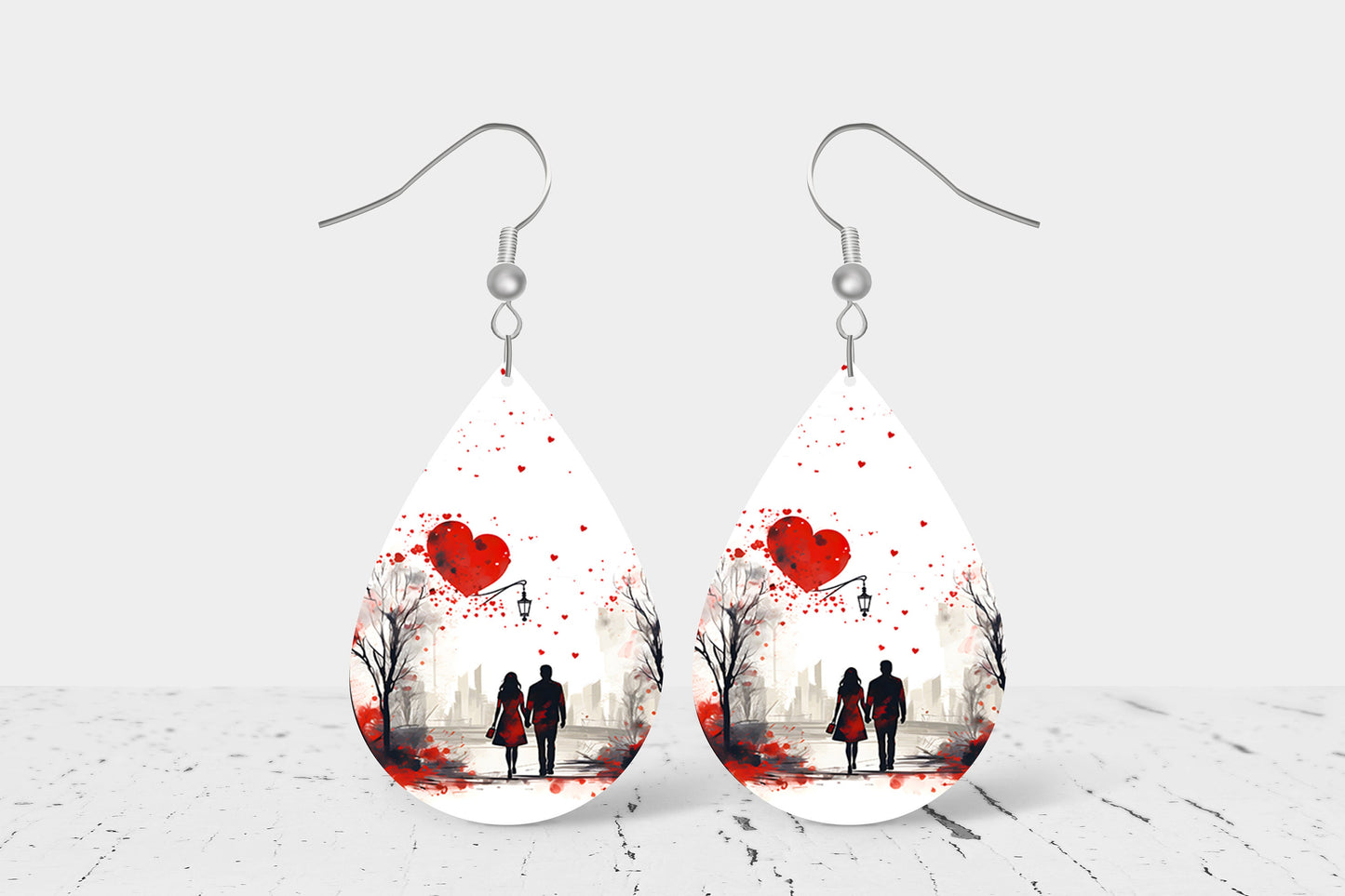 Lover's Stroll Valentine's Day Earrings, Teardrop Dangle Printed Earrings Jewelry Handmade