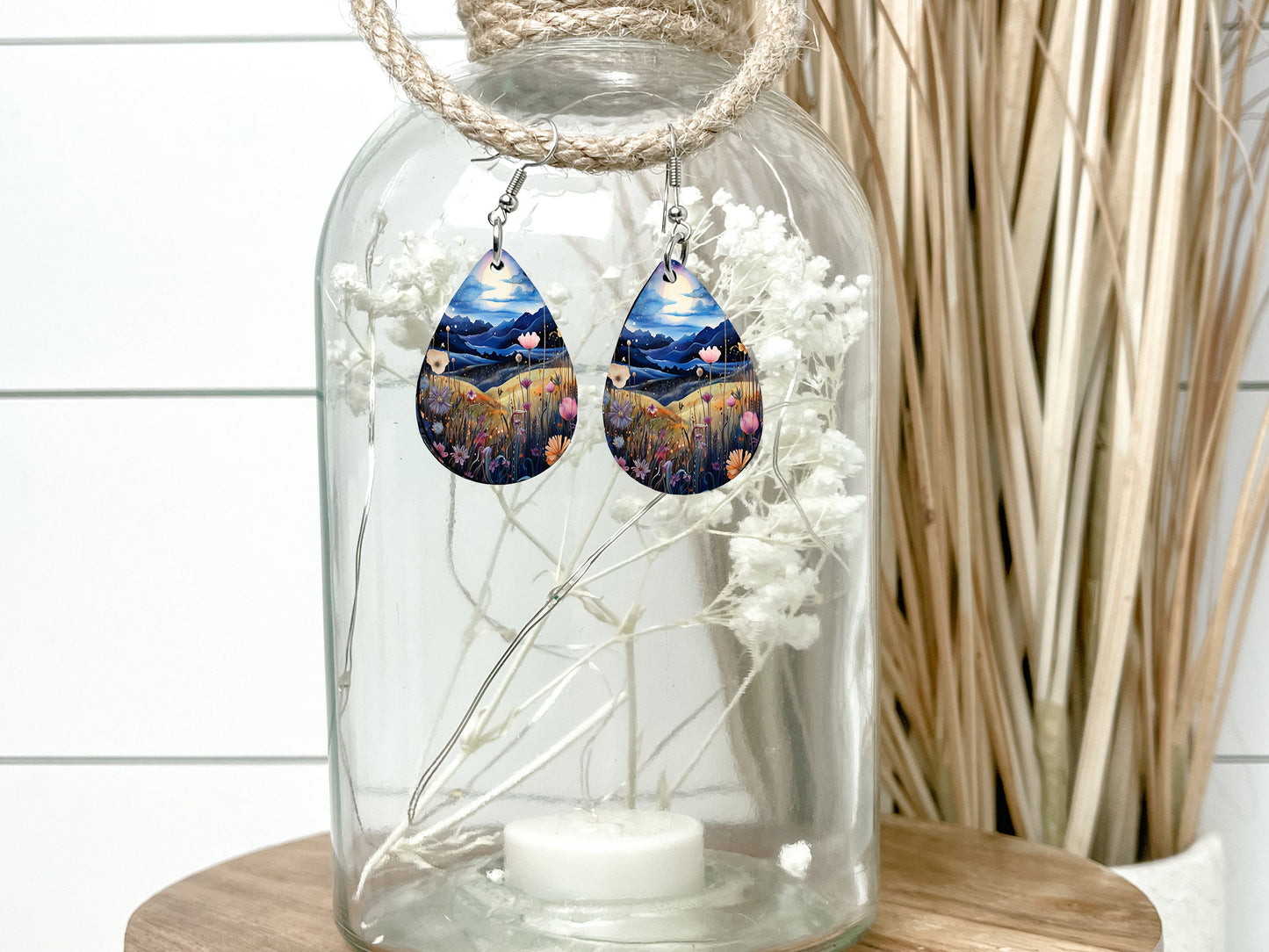 Moonlit Wildflowers Earrings, Teardrop Dangle Printed Earrings Jewelry Handmade