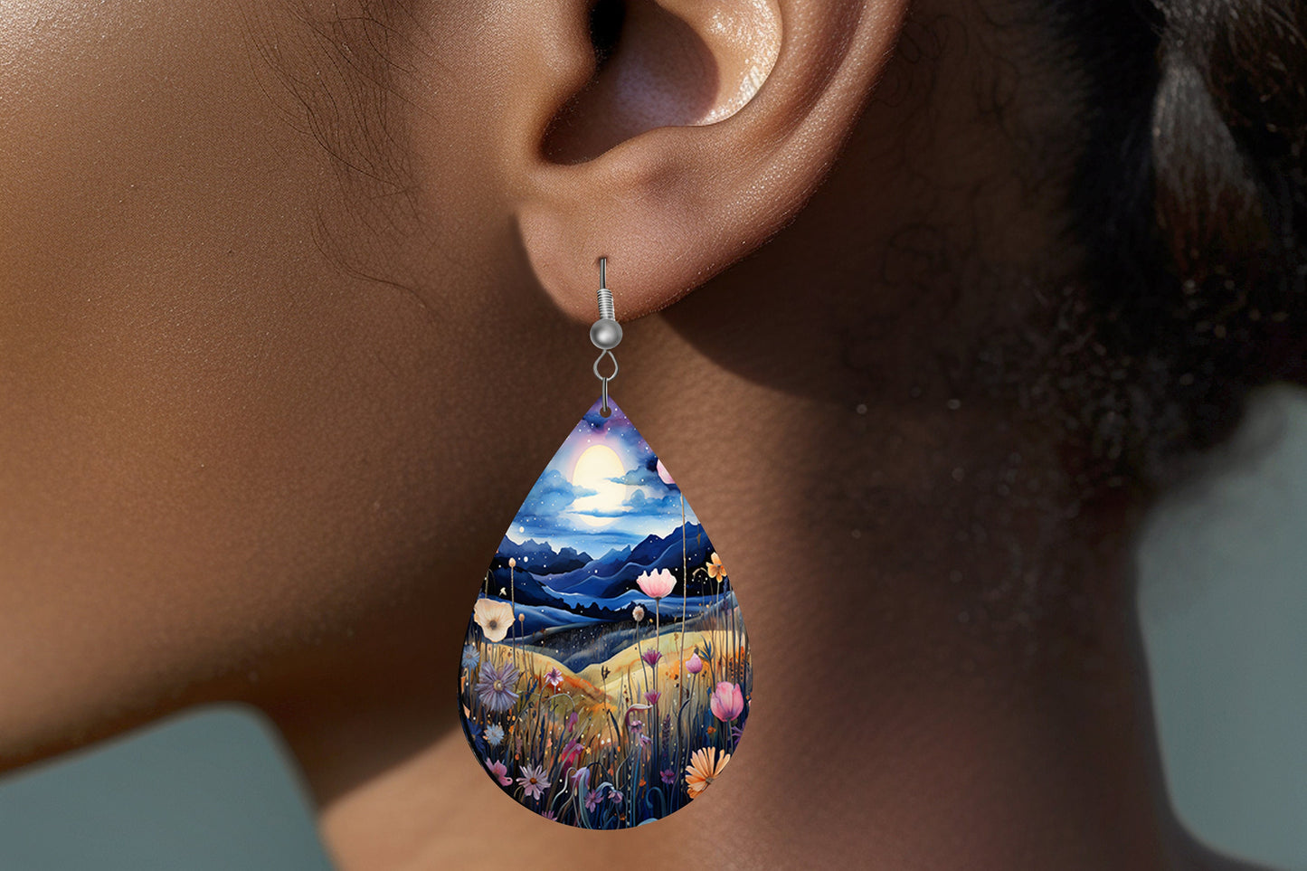 Moonlit Wildflowers Earrings, Teardrop Dangle Printed Earrings Jewelry Handmade