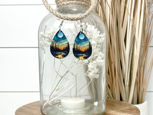 Moonlit Forest Earrings Print Teardrop Wood Dangle Earrings Hypoallergenic Jewelry