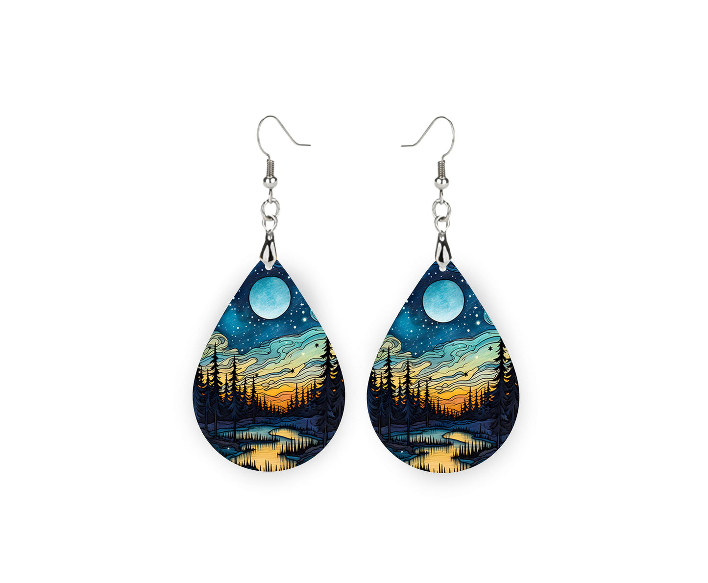 Moonlit Forest Earrings Print Teardrop Wood Dangle Earrings Hypoallergenic Jewelry