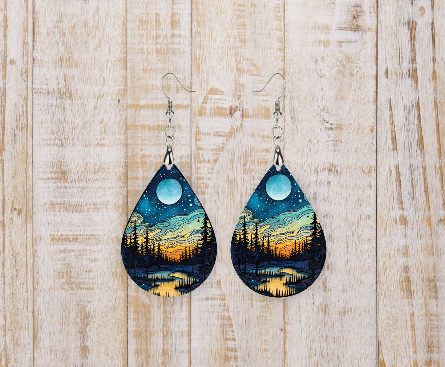 Moonlit Forest Earrings Print Teardrop Wood Dangle Earrings Hypoallergenic Jewelry