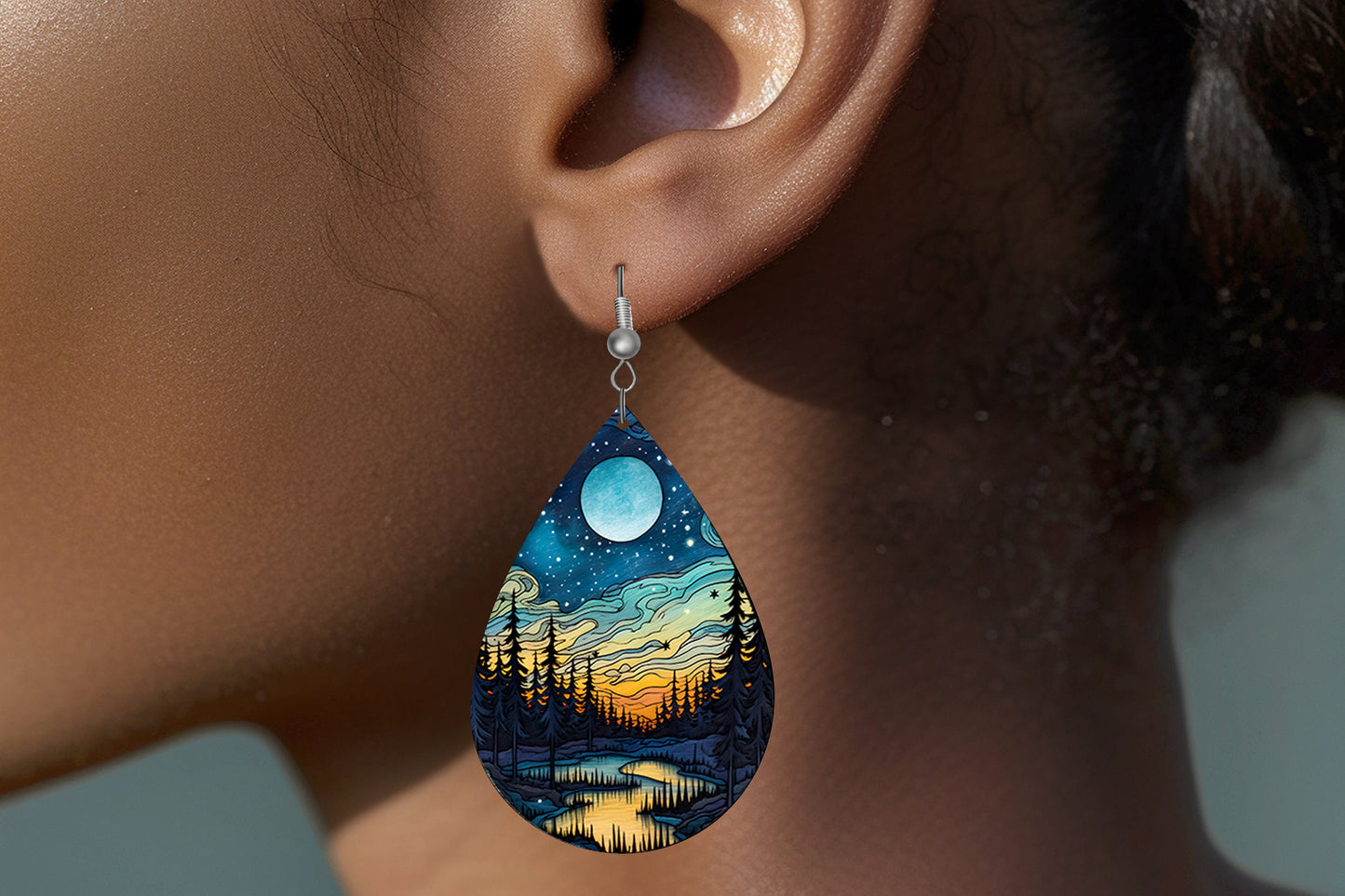 Moonlit Forest Earrings Print Teardrop Wood Dangle Earrings Hypoallergenic Jewelry