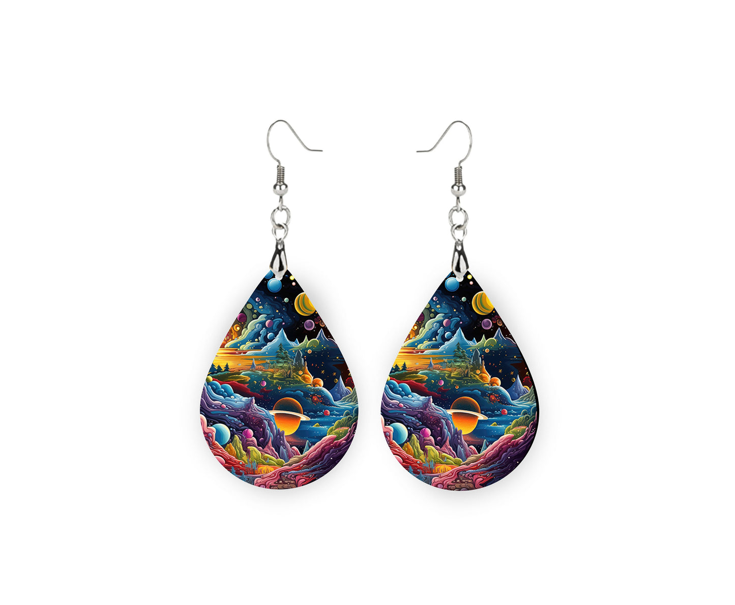 Alien Planet Print Earrings Print Tear Drop Wood Dangle Earrings Hypoallergenic Jewelry