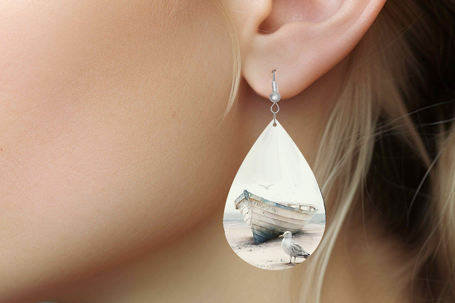 Beached  Print Earrings Print Tear Drop Wood Dangle Earrings Hypoallergenic Jewelry