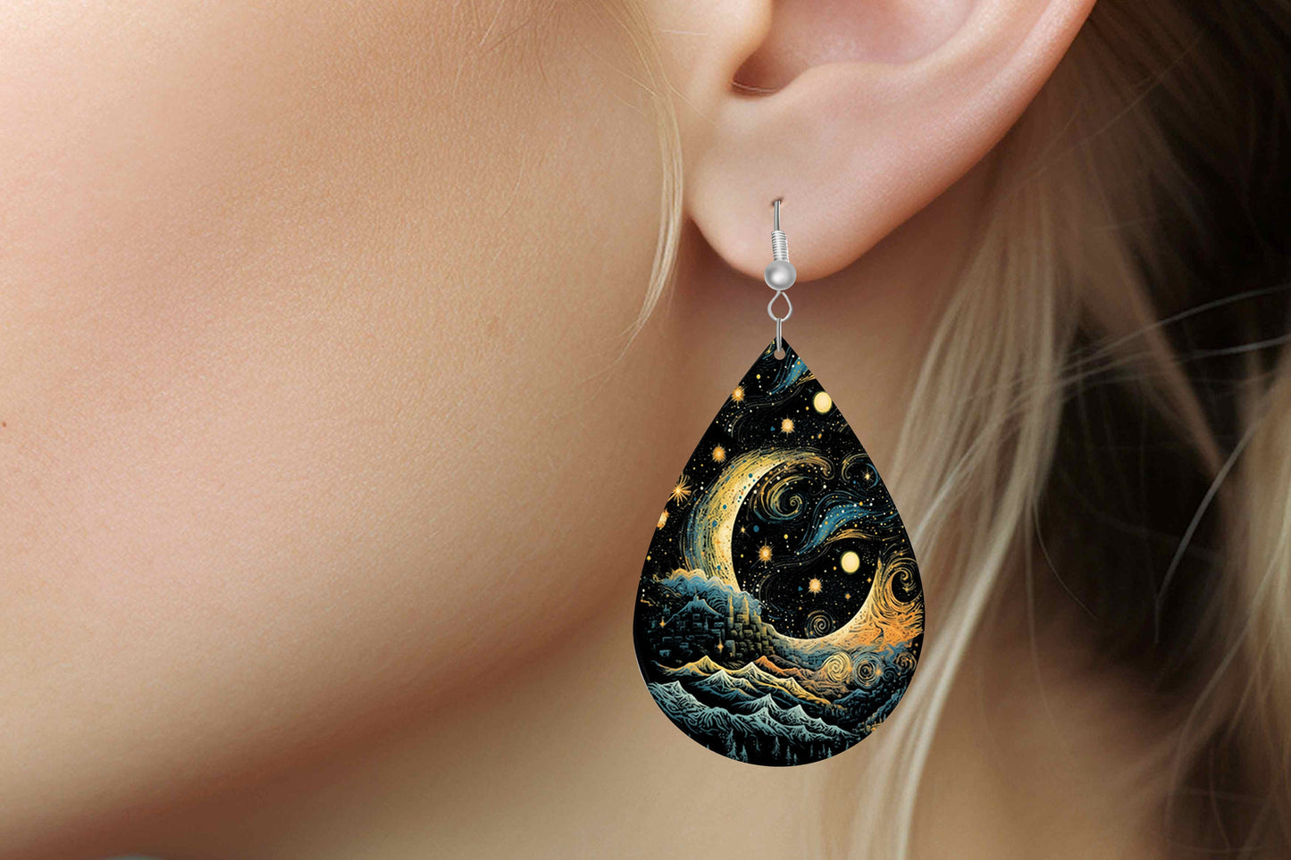 Abstract Stary Night Print Earrings Print Tear Drop Wood Dangle Earrings Hypoallergenic Jewelry