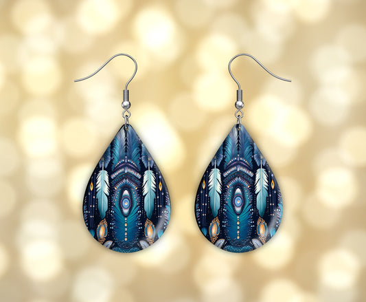 Blue Feathers Print Earrings Print Tear Drop Wood Dangle Earrings Hypoallergenic Jewelry