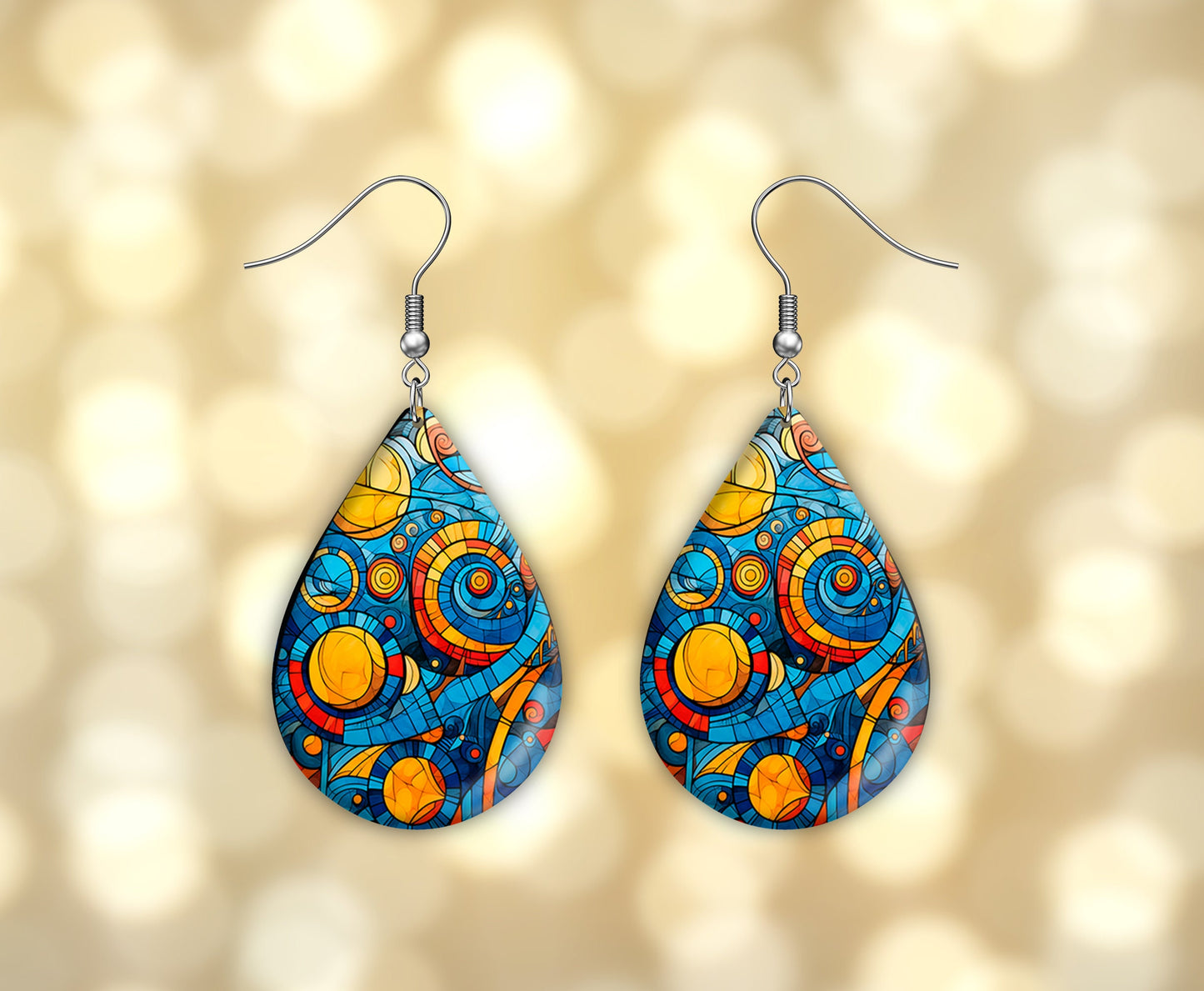 Blue Geometric Print Earrings Print Tear Drop Wood Dangle Earrings Hypoallergenic Jewelry