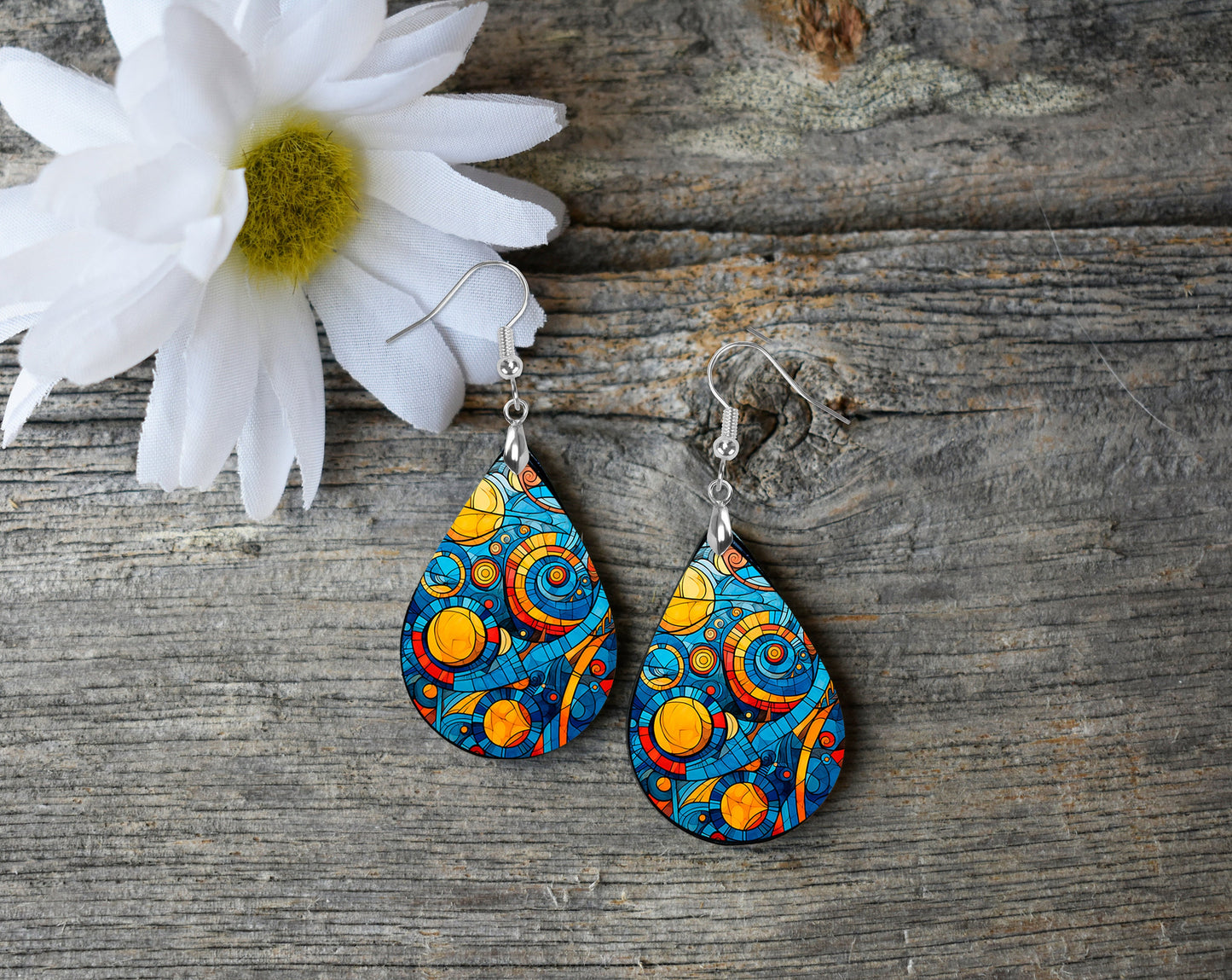 Blue Geometric Print Earrings Print Tear Drop Wood Dangle Earrings Hypoallergenic Jewelry