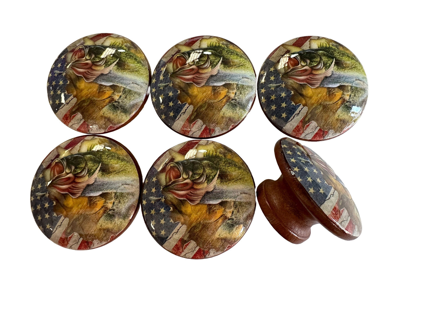 Cabinet Knobs, Set of 6 Bass American Flag Wood Cabinet Knobs, Drawer Knobs and Pulls, Kitchen Cabinet Knobs