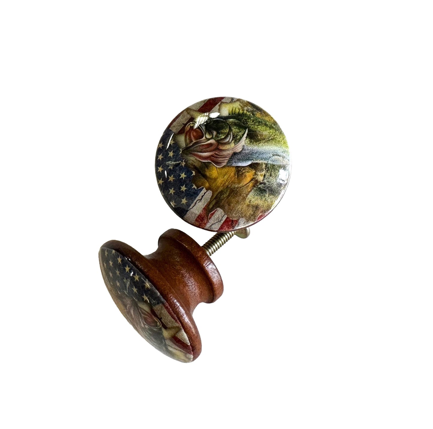 Cabinet Knobs, Set of 6 Bass American Flag Wood Cabinet Knobs, Drawer Knobs and Pulls, Kitchen Cabinet Knobs